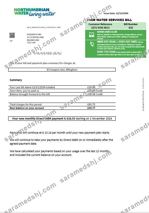 United Kingdom Northumbrian Water business utility bill template in Word and PDF formats, version 1